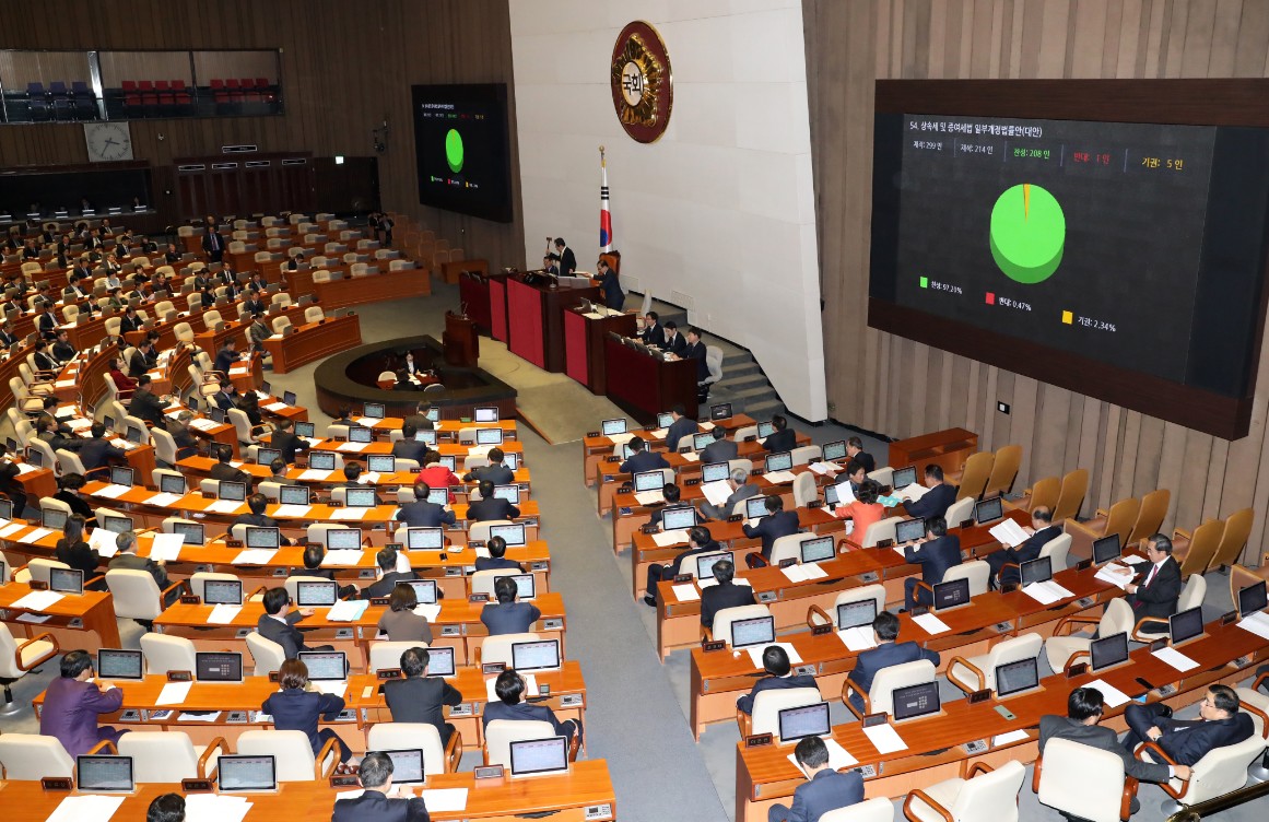 ​1일 오후 서울 여의도 국회 본회의장에서 열린 제354회 국회(정기회) 제14차 본회의에서 상속세 및 증여세법 일부개정법률안이 찬성 208표, 반대 1표, 기권 5표로 통과되고 있다. 