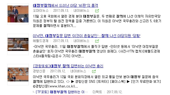 ​언론들도 헷갈려 하는 대정부질문과 대정부질의 표현(사진=네이버 검색 갈무리)