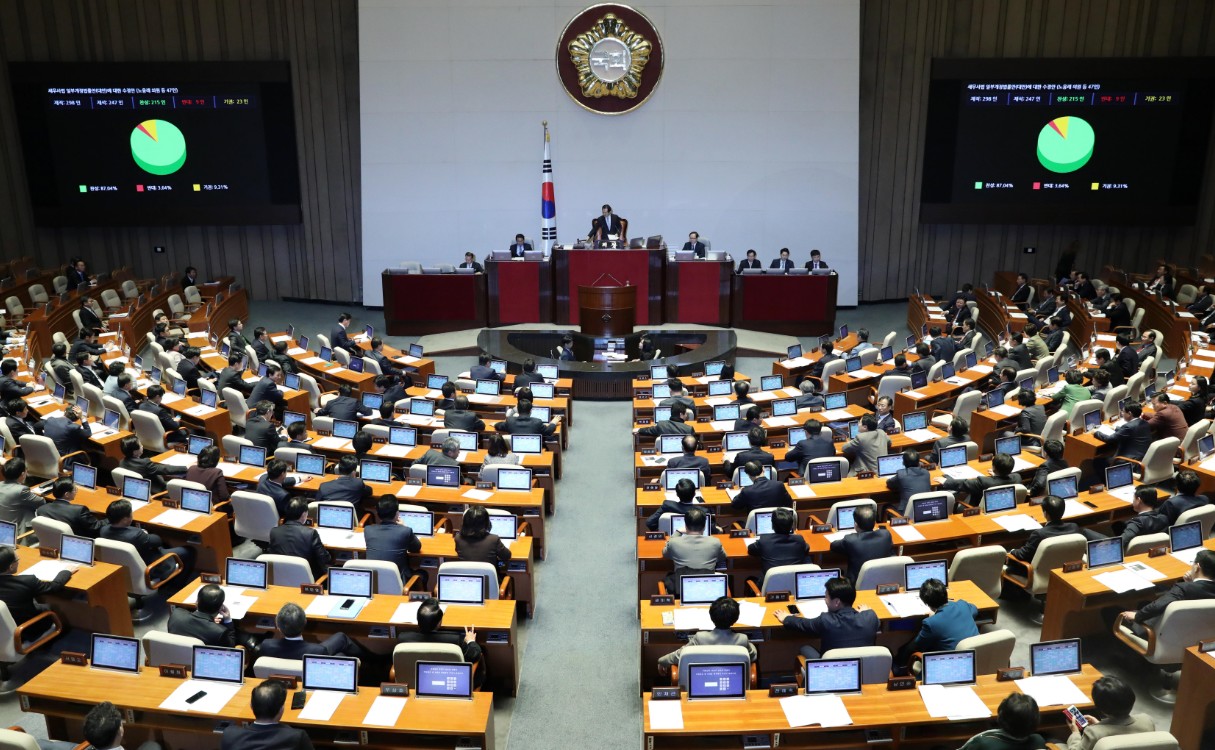 ​8일 오후 서울 여의도 국회 본회의장에서 열린 제354회 국회(정기회) 제18차 본회의에서 변호사가 세무사 자격을 자동으로 취득하는 조항을 삭제하는 내용의 세무사법 일부개정법률안 수정안이 재석247인 중 찬성 215인, 반대 9인, 기권 23인으로 가결 처리되고 있다.