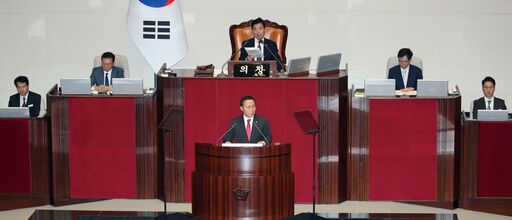 윤재옥 국민의힘 원내대표가 20일(수) 제410회국회(정기회) 제7차 본회의에서 교섭단체대표연설을 하고 있다.(사진=뉴시스)