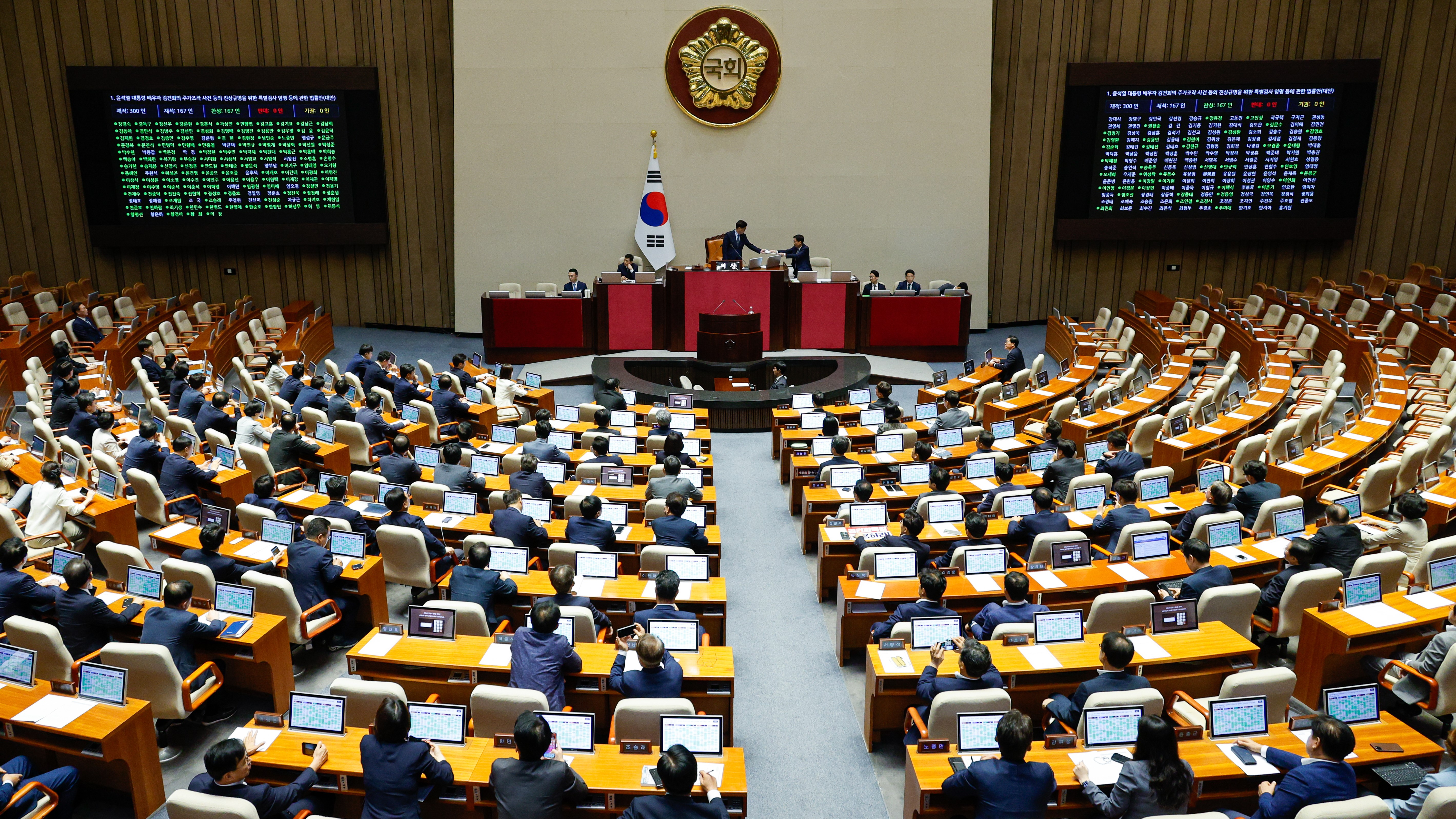 19일(목) 제418회국회(정기회) 제8차 본회의에서 「윤석열 대통령 배우자 김건희의 주가조작 사건 등의 진상규명을 위한 특별검사 임명 등에 관한 법률안」이 의결된 모습.(사진=뉴스1)